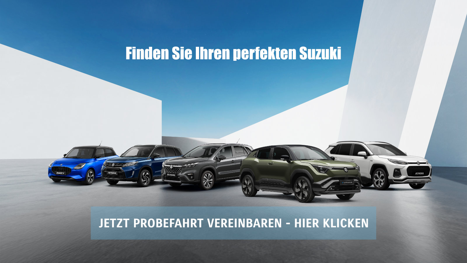 Fünf Suzuki Fahrzeugmodelle mit Verlinkung für Probefahrt